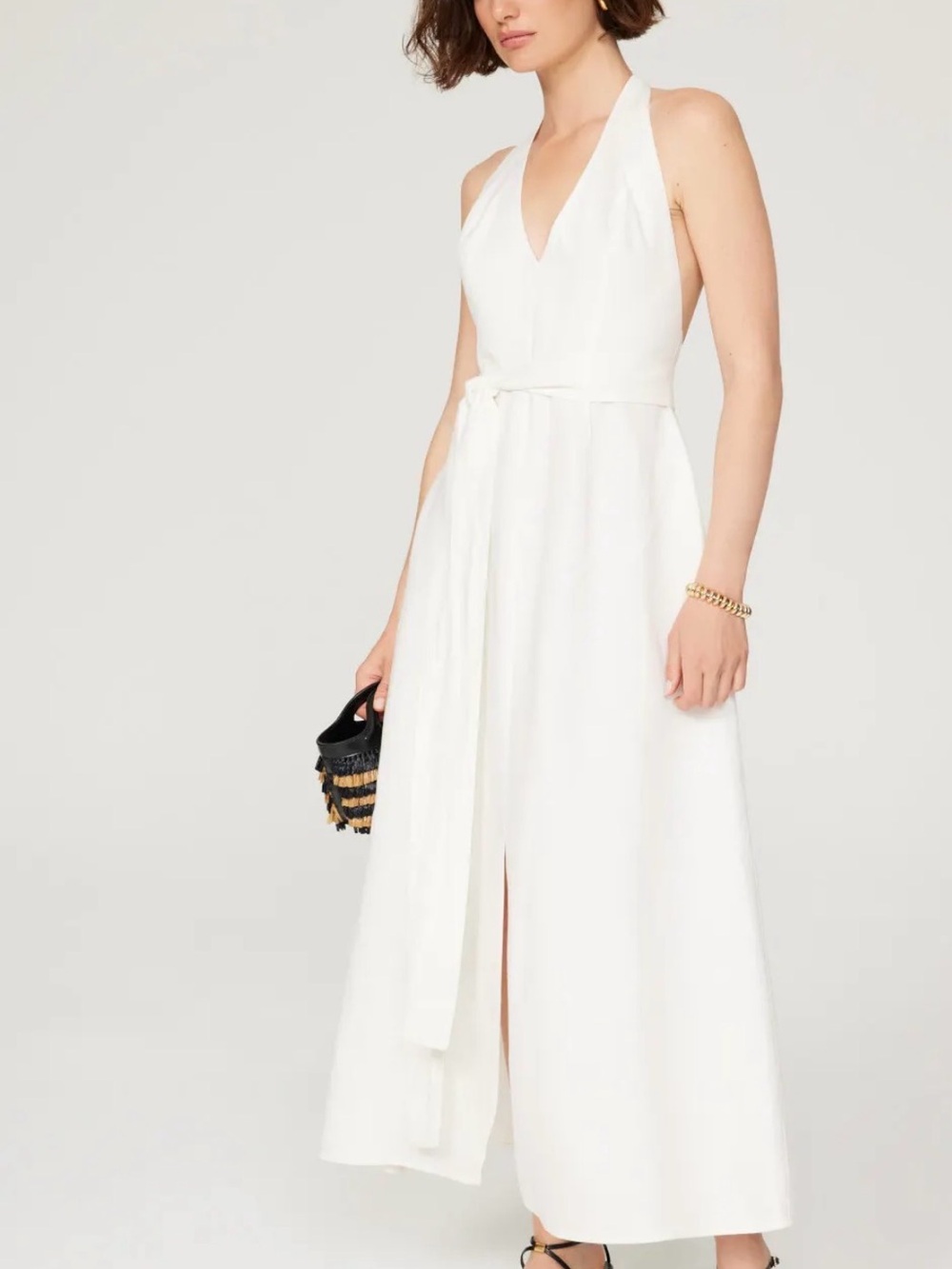 Ivory Open Back Linen Halter Maxi Dress